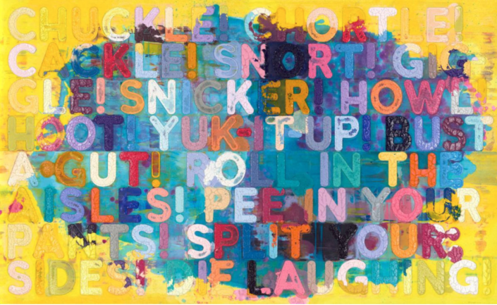  Mel Bochner Chuckle, 2019  Monoprint with collage, engraving and embossment on hand-dyed  Twinrocker handmade paper, 58 3/4 x 96 in.