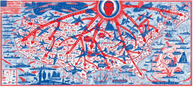 Artwork with red and blue map