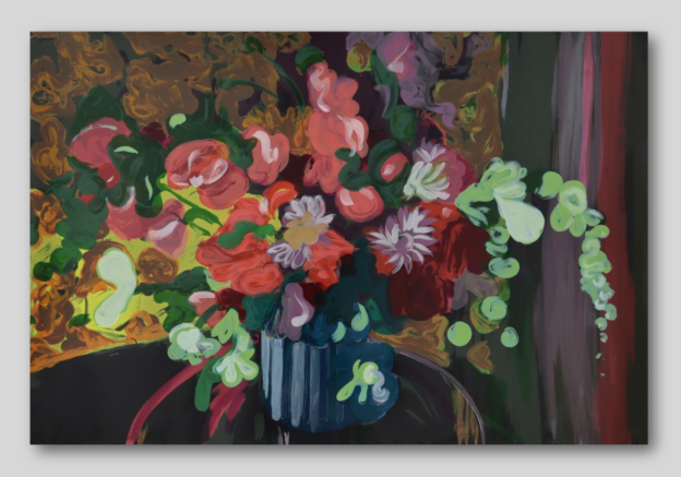 Vibrant abstract floral bouquet in a blue vase on a dark table, with swirling colors and bold brushstrokes like a modern painting.